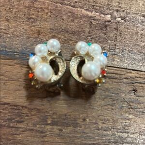 Faux Pearl Multi Color Rhinestone Clip on Earrings